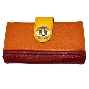 Buxton Leather Wallet Orange Yellow Colorblock Vintage Kiss Clasp Clutch 8" x 5"